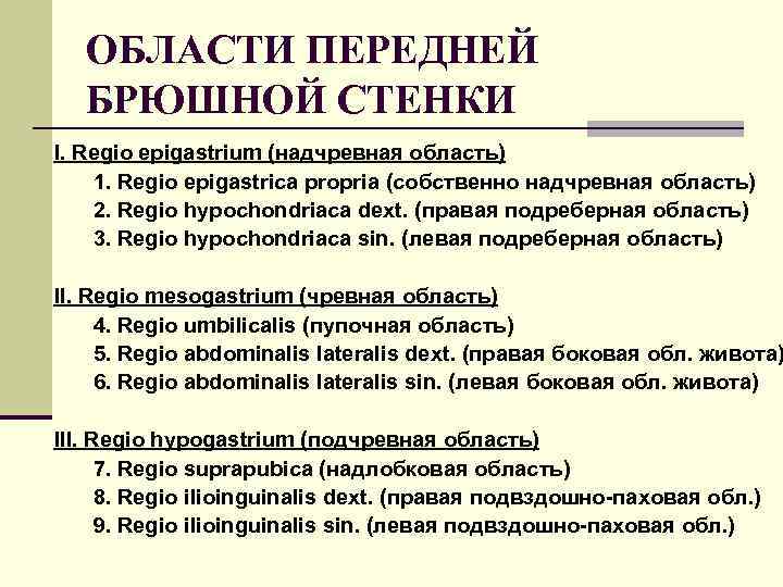 ОБЛАСТИ ПЕРЕДНЕЙ БРЮШНОЙ СТЕНКИ I. Regio epigastrium (надчревная область) 1. Regio epigastrica propria (собственно