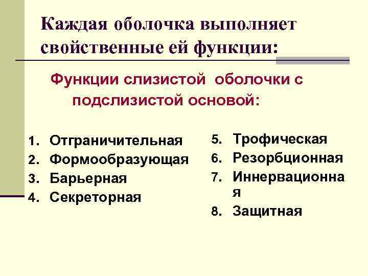 Каждая оболочка выполняет свойственные ей функции: Функции слизистой оболочки с подслизистой основой: 1. 2.