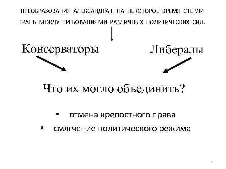 ПРЕОБРАЗОВАНИЯ АЛЕКСАНДРА II НА НЕКОТОРОЕ ВРЕМЯ СТЕРЛИ ГРАНЬ МЕЖДУ ТРЕБОВАНИЯМИ РАЗЛИЧНЫХ ПОЛИТИЧЕСКИХ СИЛ. Консерваторы