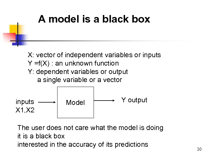 A model is a black box X: vector of independent variables or inputs Y