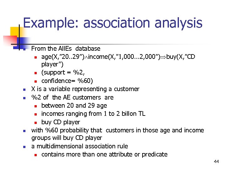 Example: association analysis n n n From the All. Es database n age(X, ”