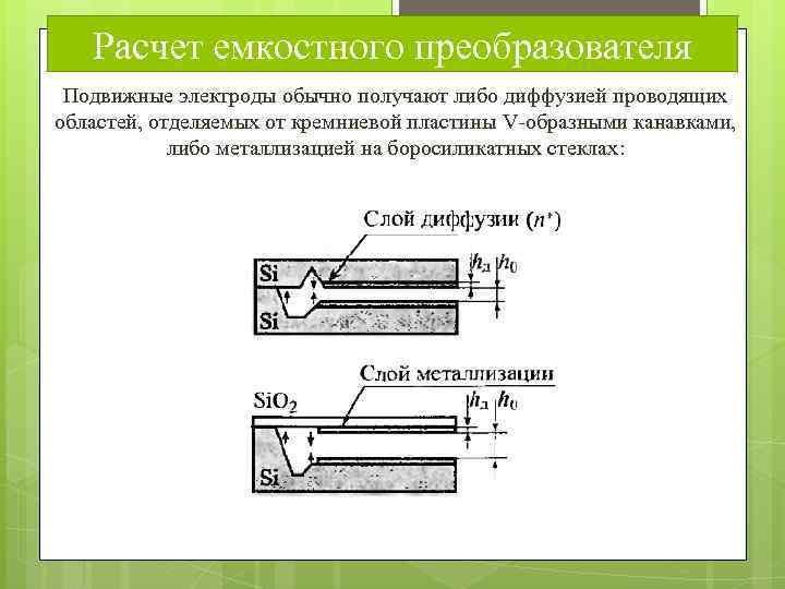 Расчет емкостного преобразователя Подвижные электроды обычно получают либо диффузией проводящих областей, отделяемых от кремниевой