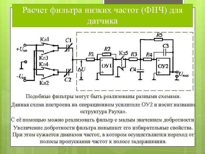 Расчет фильтра низких частот (ФНЧ) для датчика Подобные фильтры могут быть реализованы разными схемами.