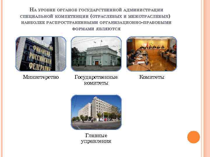 НА УРОВНЕ ОРГАНОВ ГОСУДАРСТВЕННОЙ АДМИНИСТРАЦИИ СПЕЦИАЛЬНОЙ КОМПЕТЕНЦИИ (ОТРАСЛЕВЫХ И МЕЖОТРАСЛЕВЫХ) НАИБОЛЕЕ РАСПРОСТРАНЕННЫМИ ОРГАНИЗАЦИОННО-ПРАВОВЫМИ ФОРМАМИ