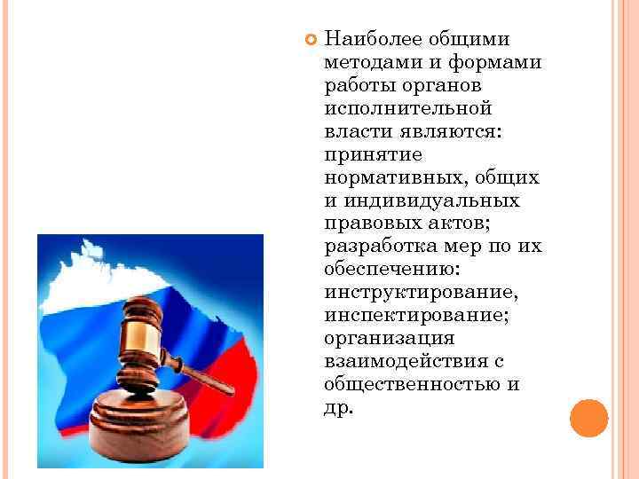  Наиболее общими методами и формами работы органов исполнительной власти являются: принятие нормативных, общих