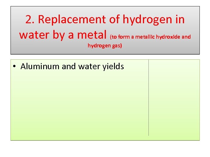 2. Replacement of hydrogen in water by a metal (to form a metallic hydroxide