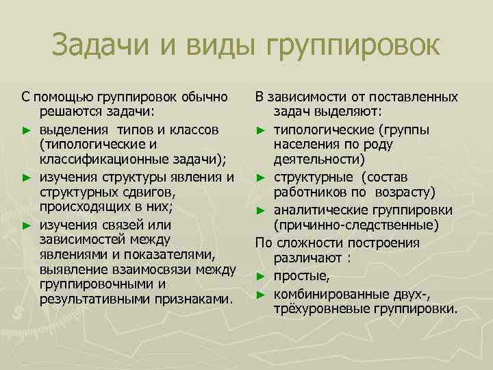 Задачи и виды группировок С помощью группировок обычно решаются задачи: ► выделения типов и