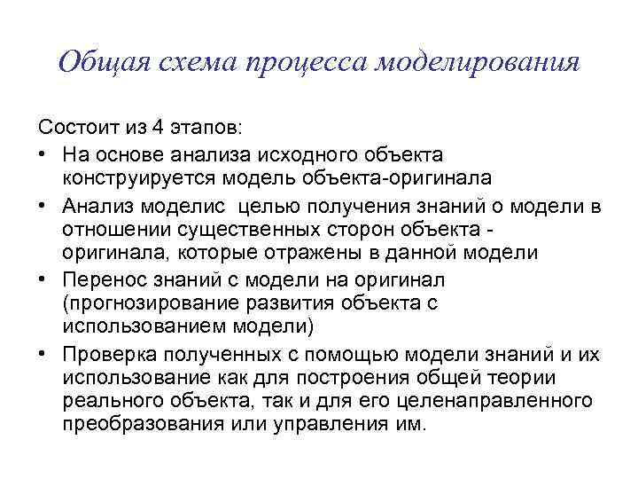 Общая схема процесса моделирования Состоит из 4 этапов: • На основе анализа исходного объекта