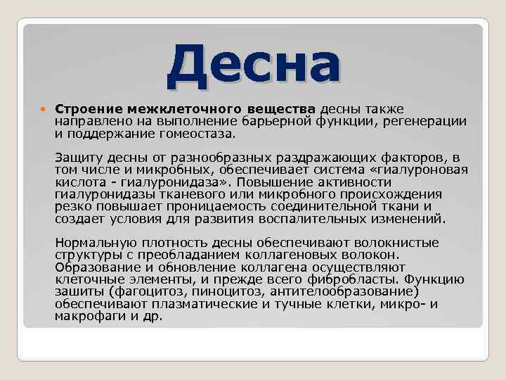 Десна Строение межклеточного вещества десны также направлено на выполнение барьерной функции, регенерации и поддержание