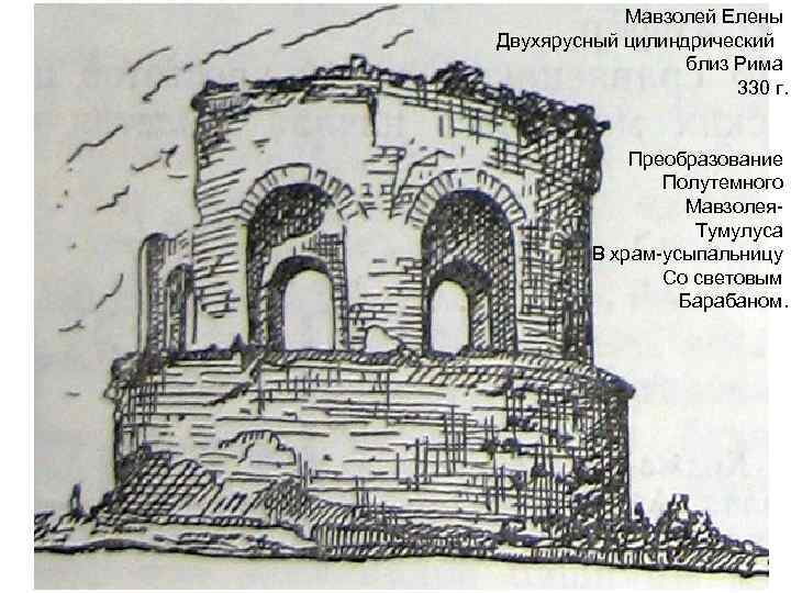 Мавзолей Елены Двухярусный цилиндрический близ Рима 330 г. Преобразование Полутемного Мавзолея. Тумулуса В храм-усыпальницу