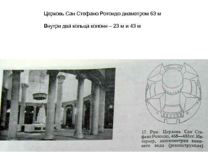 Церковь Сан Стефано Ротондо диаметром 63 м Внутри два кольца колонн – 23 м