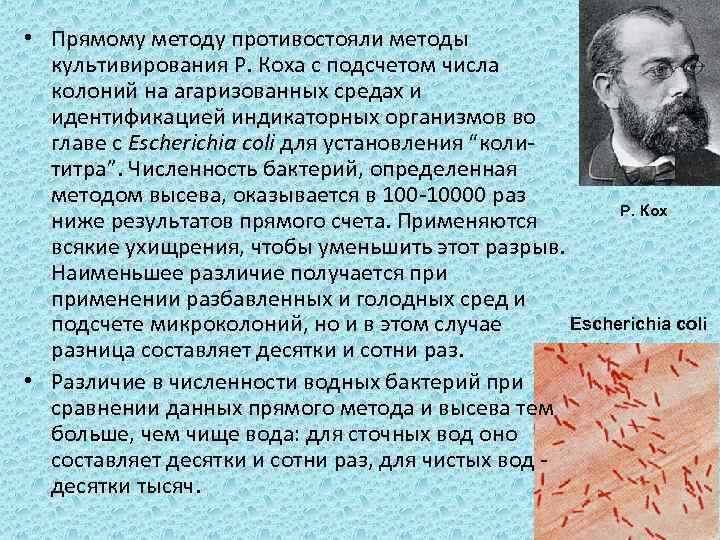  • Прямому методу противостояли методы культивирования Р. Коха с подсчетом числа колоний на