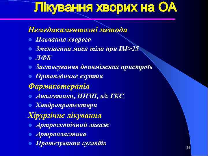 Лікування хворих на ОА Немедикаментозні методи l l l Навчання хворого Зменшення маси тіла