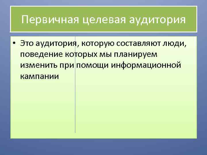 Первичная целевая аудитория • Это аудитория, которую составляют люди, поведение которых мы планируем изменить