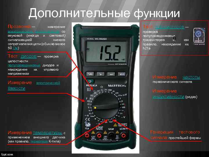Дополнительные функции Прозвонка — измерение электрического сопротивления со звуковой (иногда и световой) сигнализацией низкого