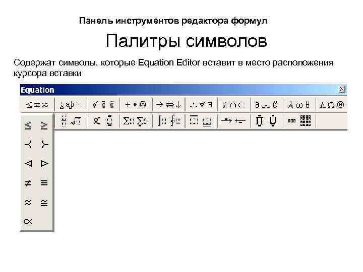 Панель инструментов редактора формул Палитры символов Содержат символы, которые Equation Editor вставит в место