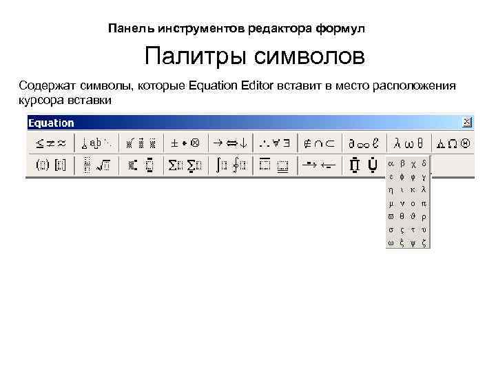 Панель инструментов редактора формул Палитры символов Содержат символы, которые Equation Editor вставит в место