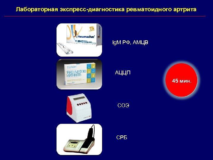 Лабораторная экспресс-диагностика ревматоидного артрита Ig. M РФ, АМЦВ АЦЦП 45 мин. СОЭ СРБ 