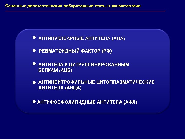 Основные диагностические лабораторные тесты в ревматологии АНТИНУКЛЕАРНЫЕ АНТИТЕЛА (АНА) РЕВМАТОИДНЫЙ ФАКТОР (РФ) АНТИТЕЛА К