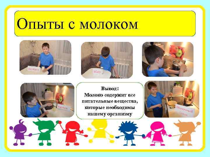 Опыты с молоком Вывод: Молоко содержит все питательные вещества, которые необходимы нашему организму 