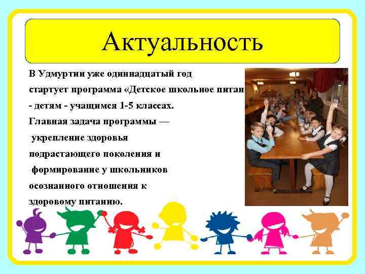 Актуальность В Удмуртии уже одиннадцатый год стартует программа «Детское школьное питание» - детям -