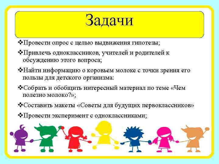 Задачи v. Провести опрос с целью выдвижения гипотезы; v. Привлечь одноклассников, учителей и родителей