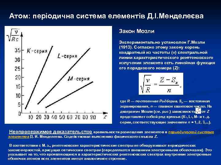 Атом: періодична система елементів Д. І. Менделеєва Закон Мозли Экспериментально установлен Г. Мозли (1913).