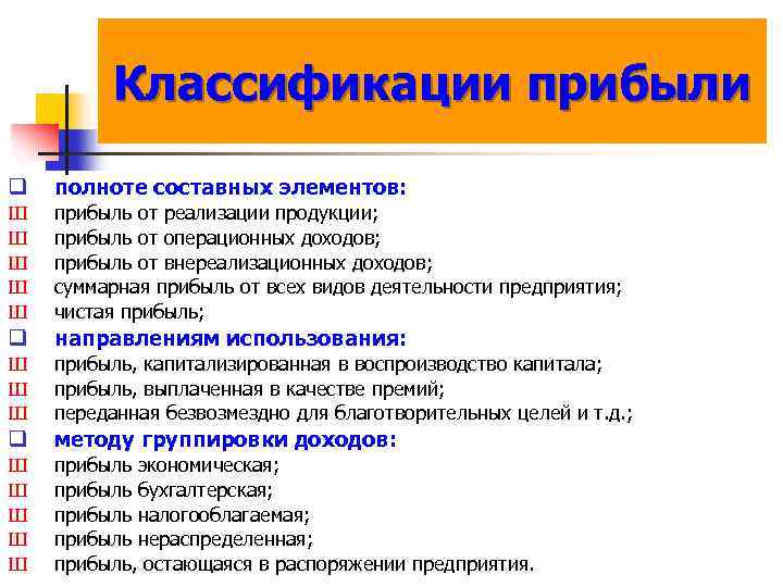 Классификации прибыли q полноте составных элементов: Ш Ш Ш прибыль от реализации продукции; прибыль