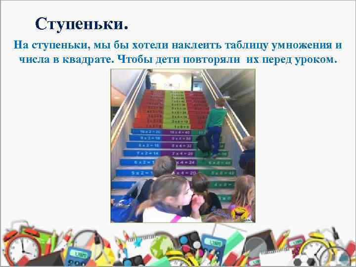 Ступеньки. На ступеньки, мы бы хотели наклеить таблицу умножения и числа в квадрате. Чтобы