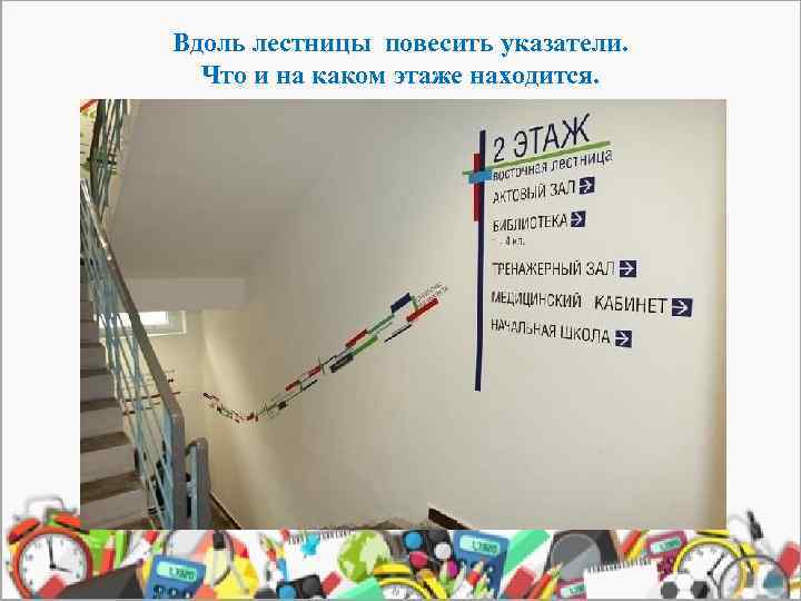 Вдоль лестницы повесить указатели. Что и на каком этаже находится. 