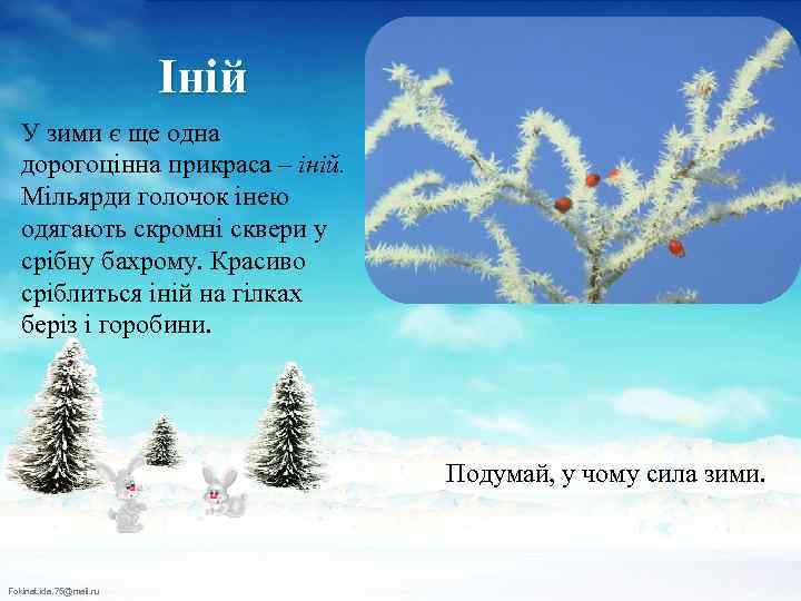 Іній У зими є ще одна дорогоцінна прикраса – іній. Мільярди голочок інею одягають