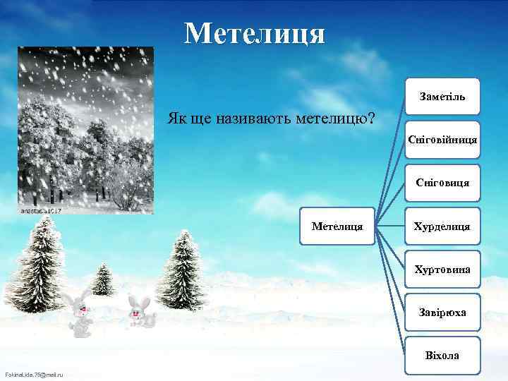 Метелиця Заметіль Як ще називають метелицю? Сніговійниця Сніговиця Метелиця Хурделиця Хуртовина Завірюха Віхола Fokina.
