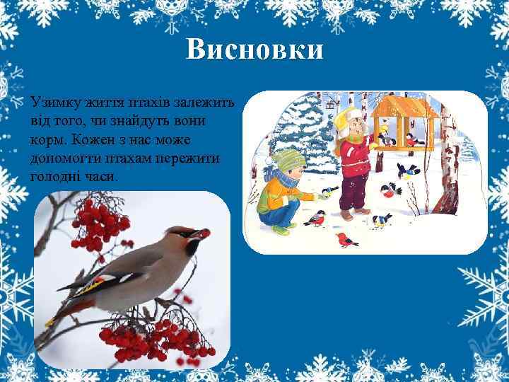 Висновки Узимку життя птахів залежить від того, чи знайдуть вони корм. Кожен з нас