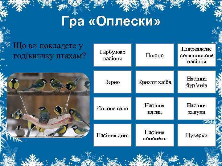 Гра «Оплески» Що ви покладете у годівничку птахам? Гарбузове насіння Пшоно Підсмажене соняшникове насіння