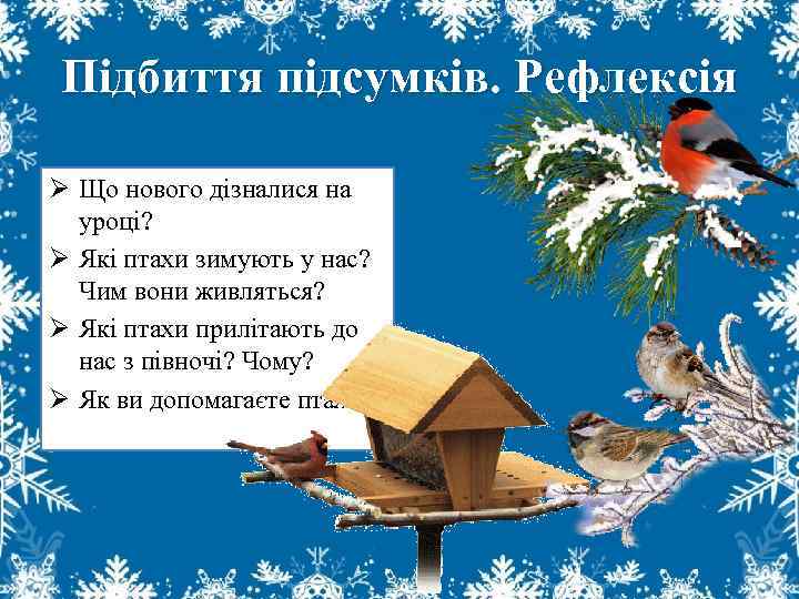 Підбиття підсумків. Рефлексія Ø Що нового дізналися на уроці? Ø Які птахи зимують у