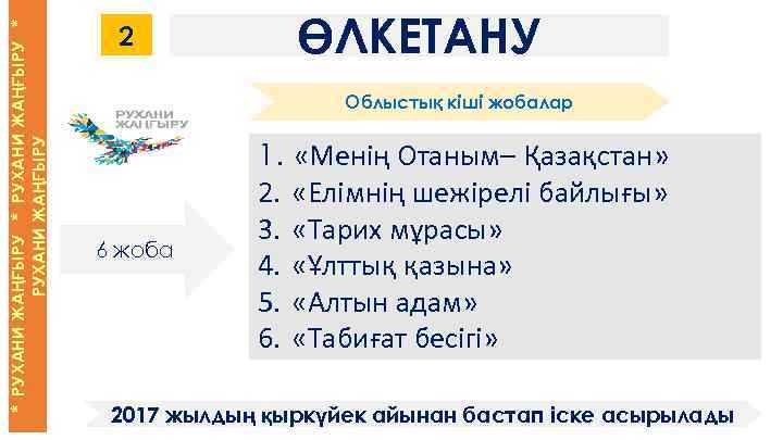 * РУХАНИ ЖАҢҒЫРУ 2 ӨЛКЕТАНУ Облыстық кіші жобалар 6 жоба 1. «Менің Отаным– Қазақстан»