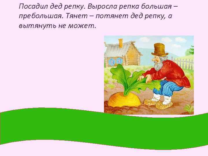 Посадил дед репку. Выросла репка большая – пребольшая. Тянет – потянет дед репку, а