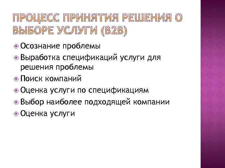  Осознание проблемы Выработка спецификаций услуги для решения проблемы Поиск компаний Оценка услуги по