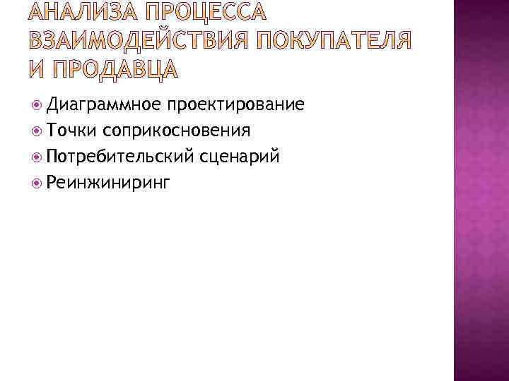  Диаграммное проектирование Точки соприкосновения Потребительский сценарий Реинжиниринг 