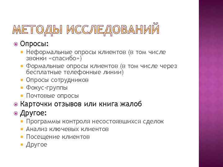  Опросы: Неформальные опросы клиентов (в том числе звонки «спасибо» ) Формальные опросы клиентов