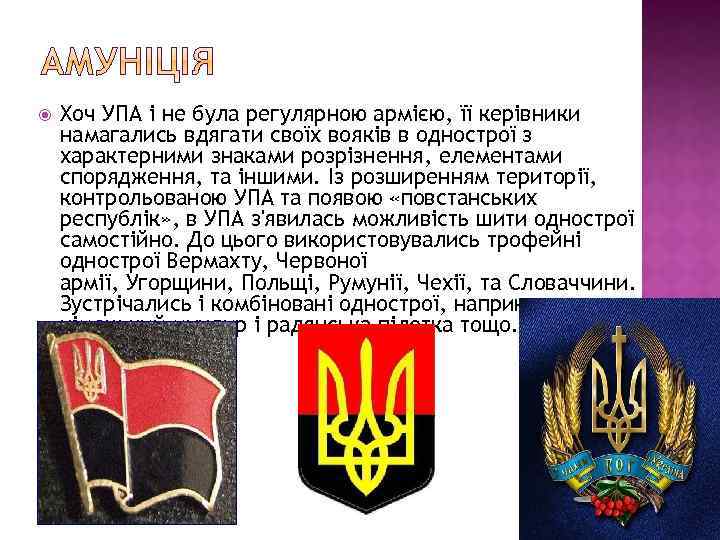  Хоч УПА і не була регулярною армією, її керівники намагались вдягати своїх вояків