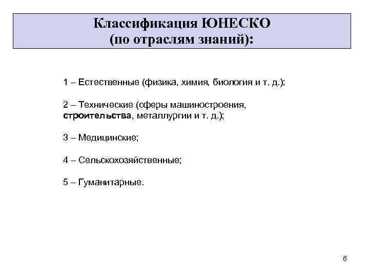 Классификация ЮНЕСКО (по отраслям знаний): 1 – Естественные (физика, химия, биология и т. д.