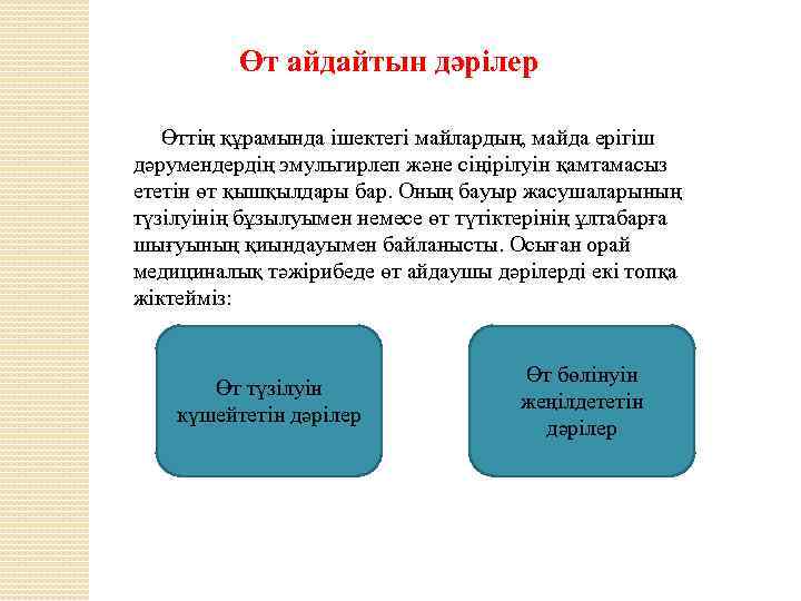 Өт айдайтын дәрілер Өттің құрамында ішектегі майлардың, майда ерігіш дәрумендердің эмульгирлеп және сіңірілуін қамтамасыз