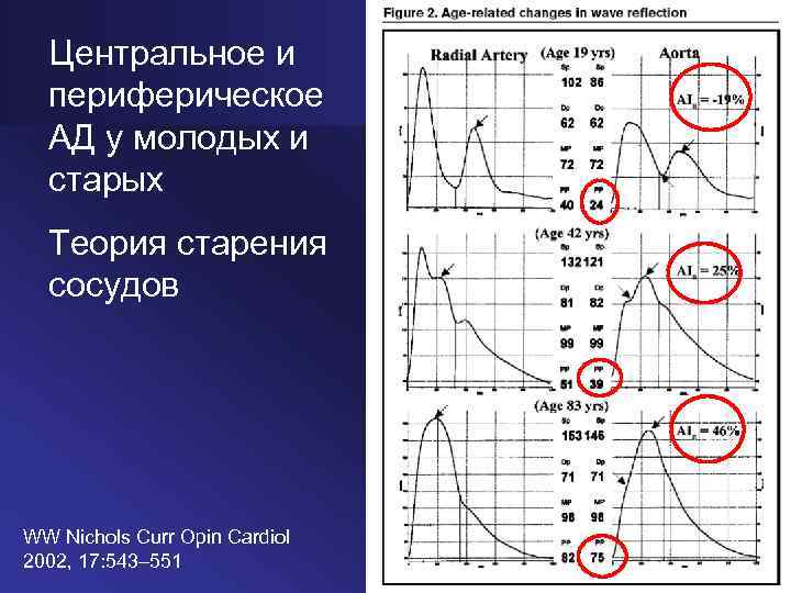 Центральное и периферическое АД у молодых и старых Теория старения сосудов WW Nichols Curr