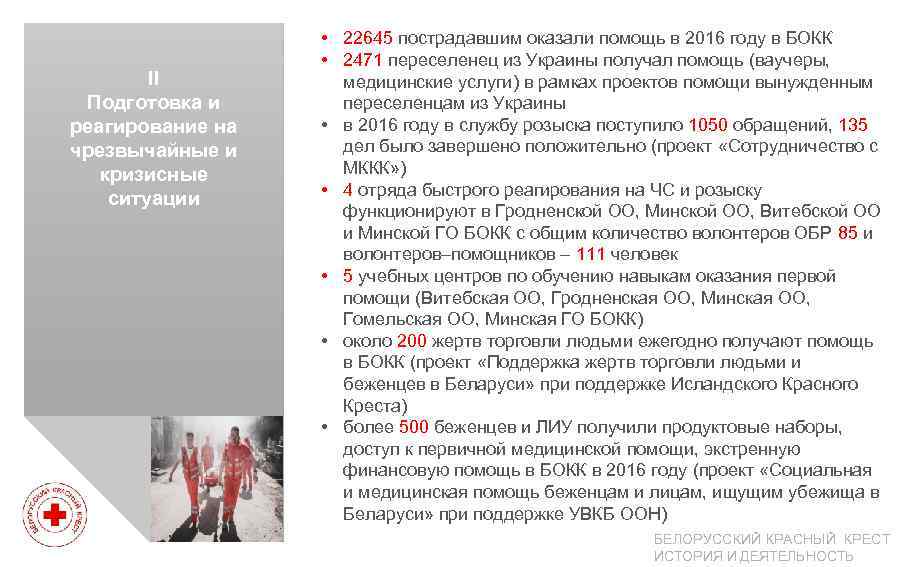 II Подготовка и реагирование на чрезвычайные и кризисные ситуации • 22645 пострадавшим оказали помощь