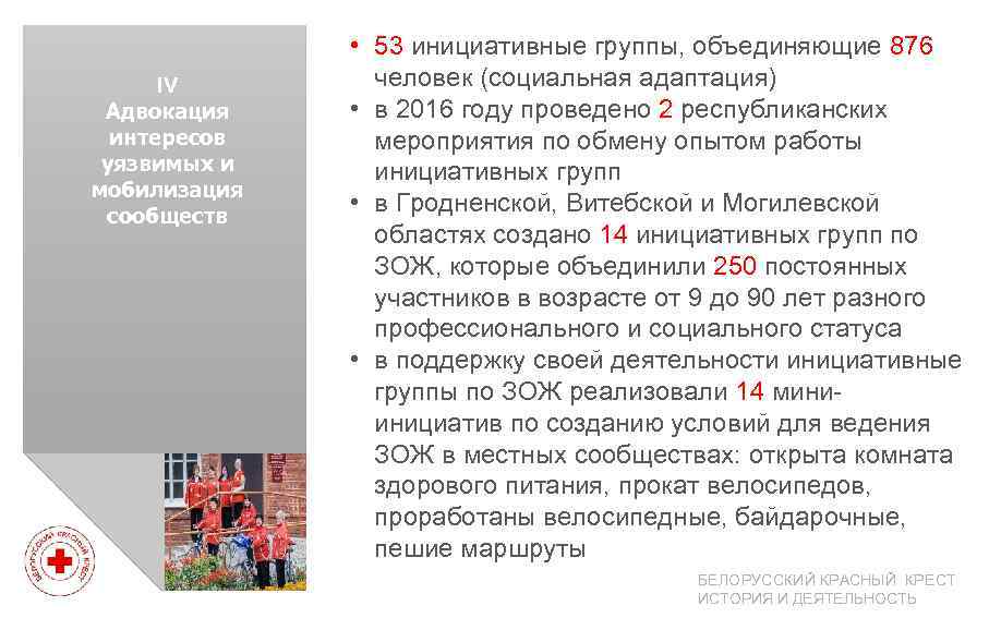 IV Адвокация интересов уязвимых и мобилизация сообществ • 53 инициативные группы, объединяющие 876 человек