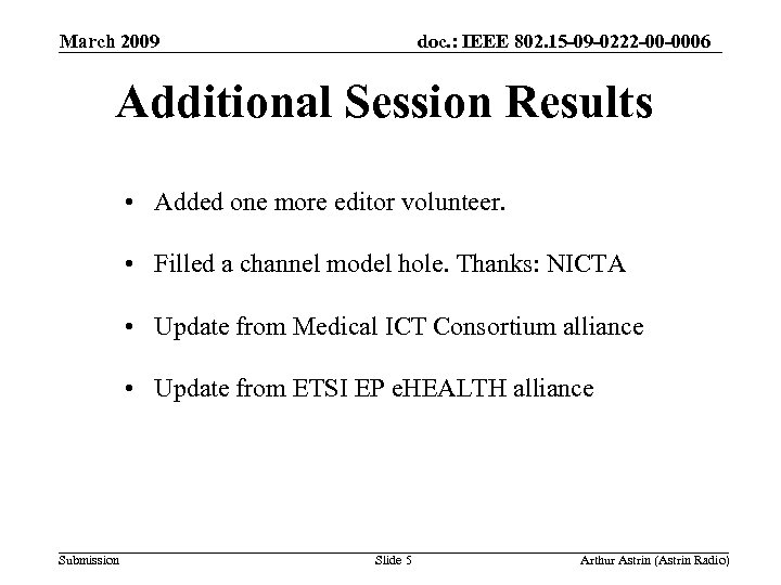 March 2009 doc. : IEEE 802. 15 -09 -0222 -00 -0006 Additional Session Results