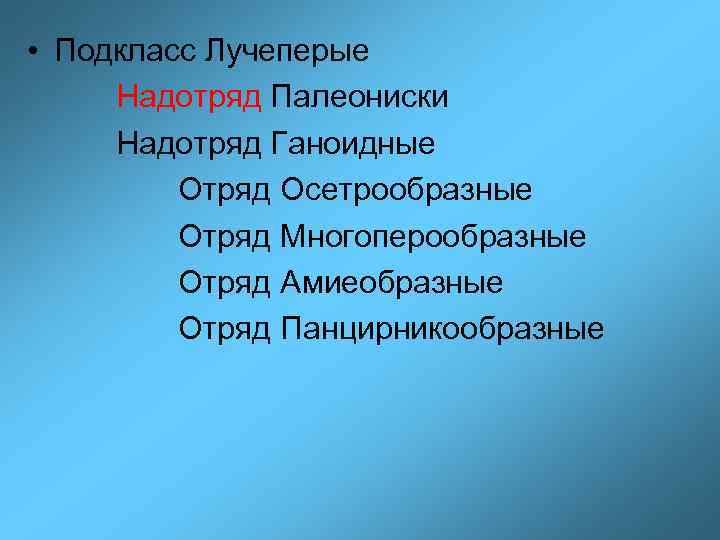  • Подкласс Лучеперые Надотряд Палеониски Надотряд Ганоидные Отряд Осетрообразные Отряд Многоперообразные Отряд Амиеобразные