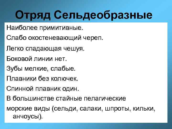 Отряд Сельдеобразные Наиболее примитивные. Слабо окостеневающий череп. Легко спадающая чешуя. Боковой линии нет. Зубы