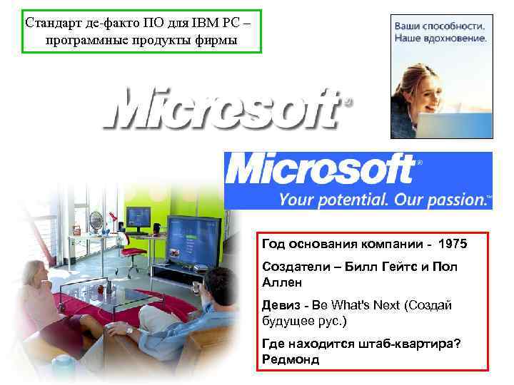 Стандарт де-факто ПО для IBM PC – программные продукты фирмы Год основания компании -